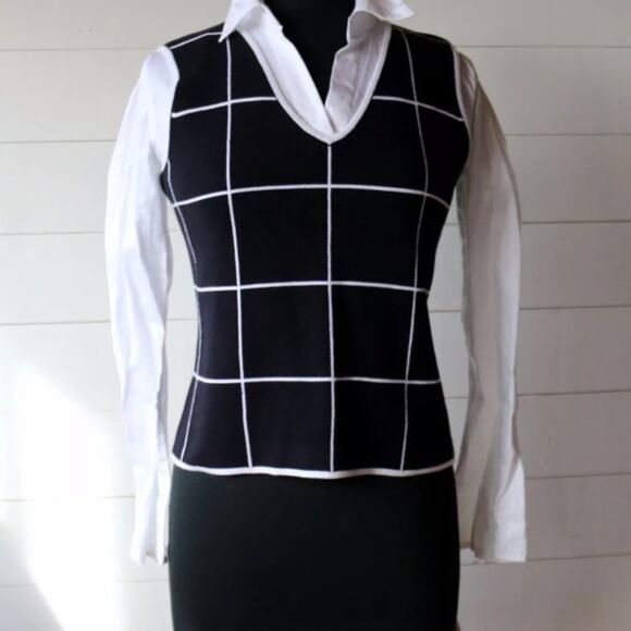 Deane & White Women's PM Black Knit V-Neck Windowpane Pullover Vest - Picture 2 of 8